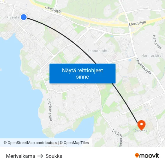 Merivalkama to Soukka map