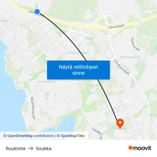 Ruukintie to Soukka map
