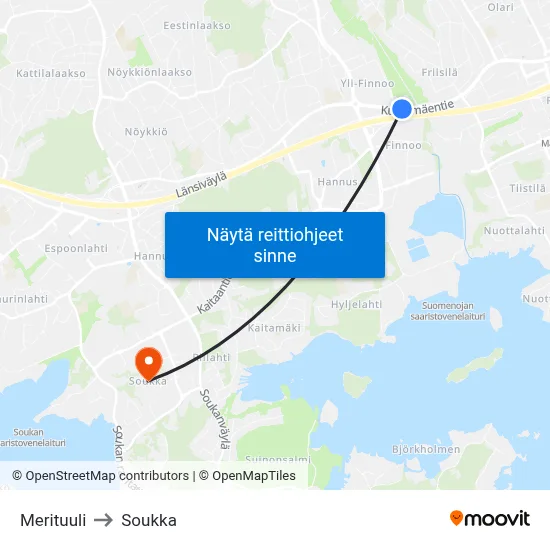 Merituuli to Soukka map