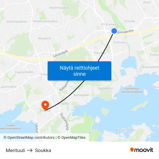 Merituuli to Soukka map