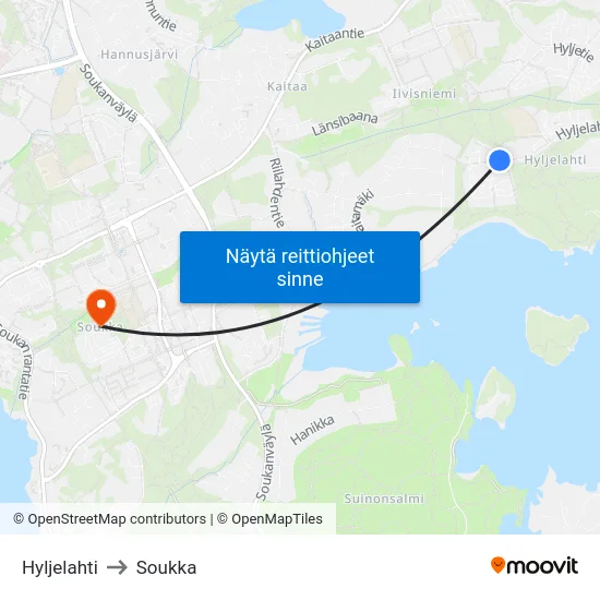 Hyljelahti to Soukka map