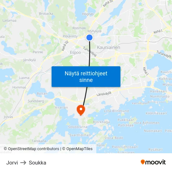 Jorvi to Soukka map