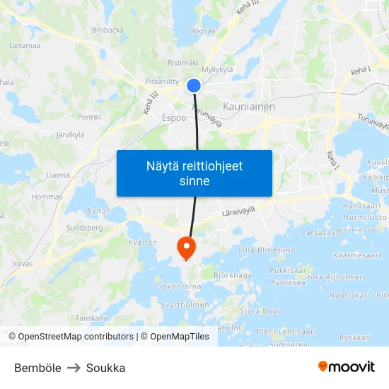 Bemböle to Soukka map
