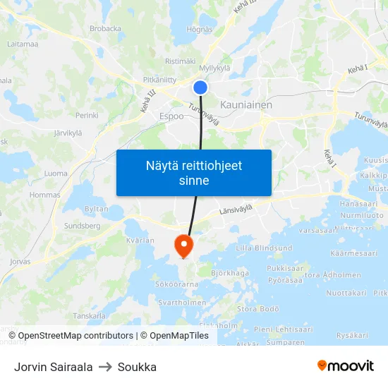 Jorvin Sairaala to Soukka map