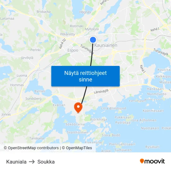 Kauniala to Soukka map
