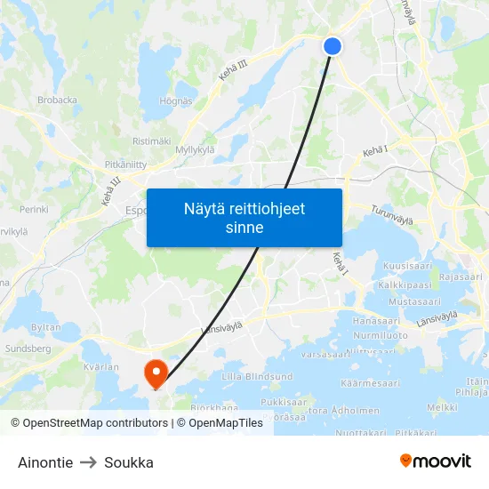 Ainontie to Soukka map