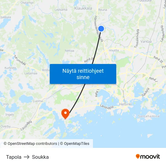 Tapola to Soukka map