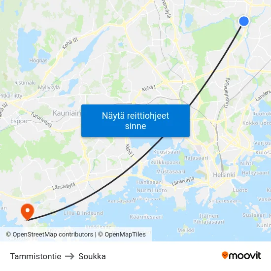 Tammistontie to Soukka map