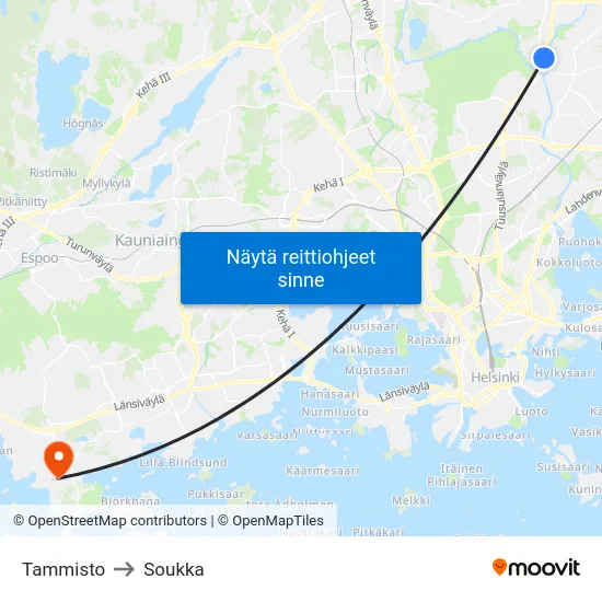 Tammisto to Soukka map