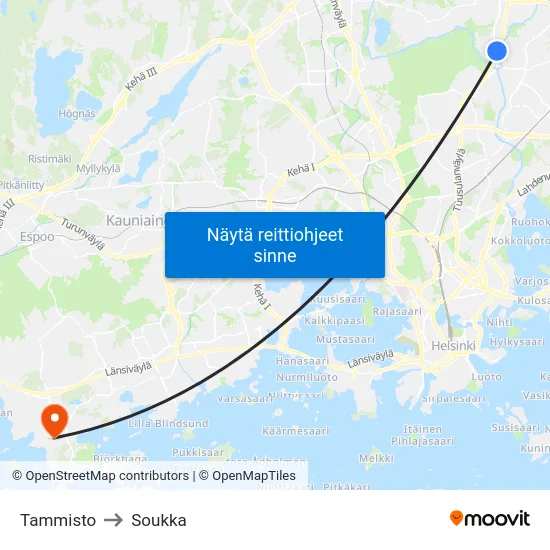 Tammisto to Soukka map