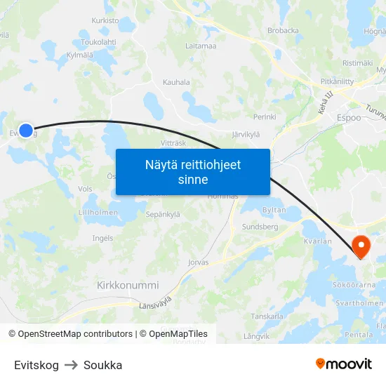 Evitskog to Soukka map