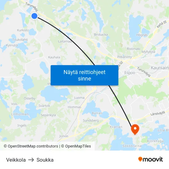 Veikkola to Soukka map