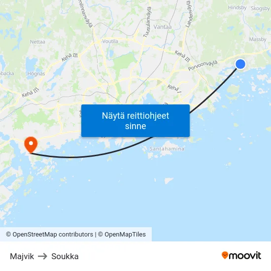 Majvik to Soukka map