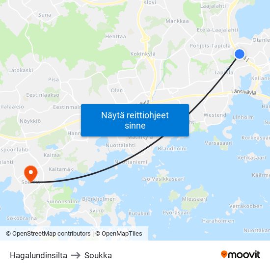 Hagalundinsilta to Soukka map