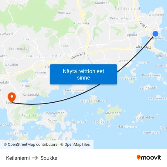 Keilaniemi to Soukka map