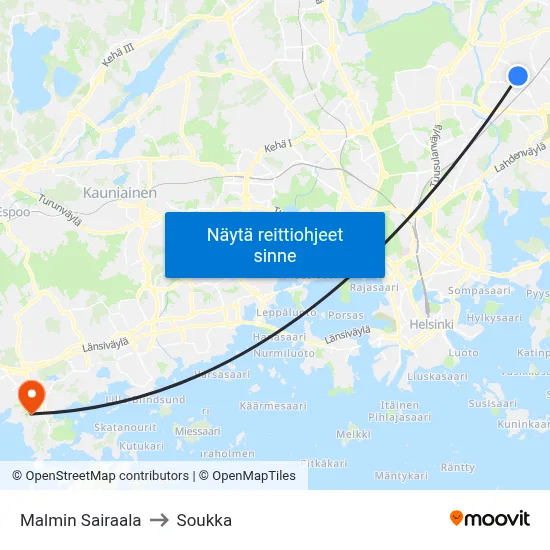 Malmin Sairaala to Soukka map