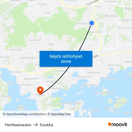 Henttaanaukio to Soukka map
