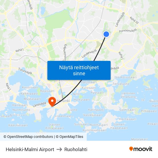 Helsinki-Malmi Airport to Ruoholahti map