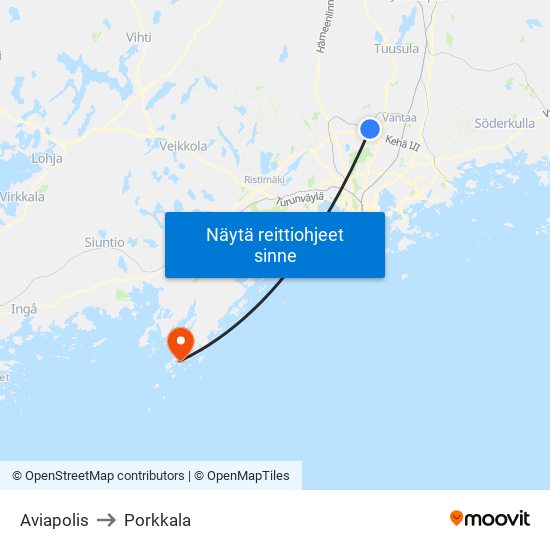 Aviapolis to Porkkala map