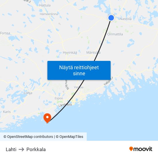 Lahti to Porkkala map