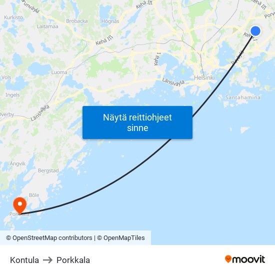 Kontula to Porkkala map