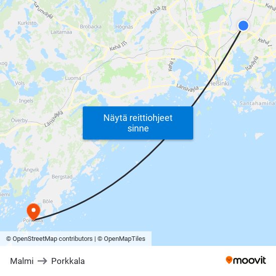 Malmi to Porkkala map