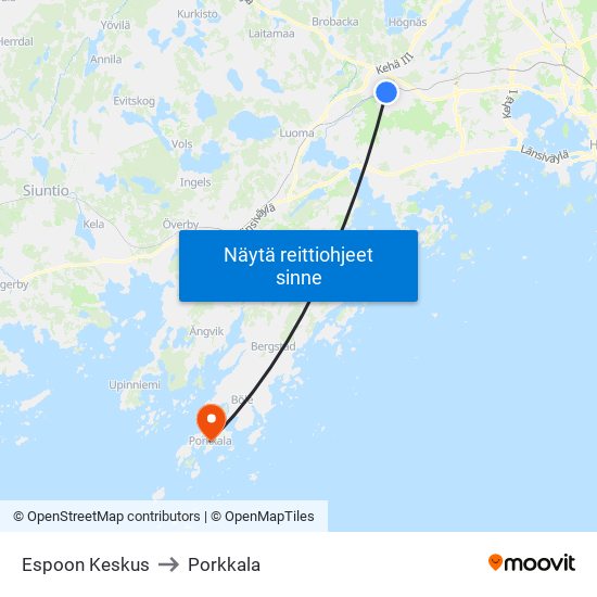 Espoon Keskus to Porkkala map