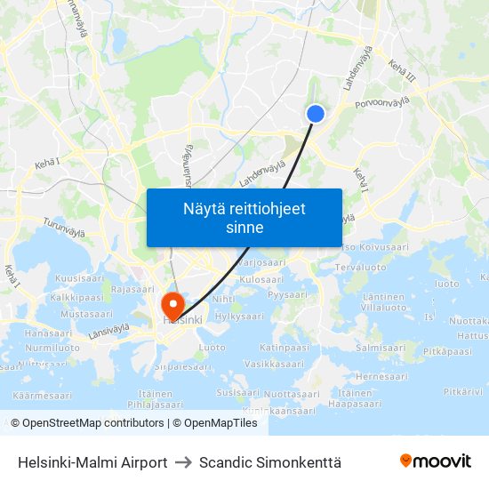 Helsinki-Malmi Airport to Scandic Simonkenttä map