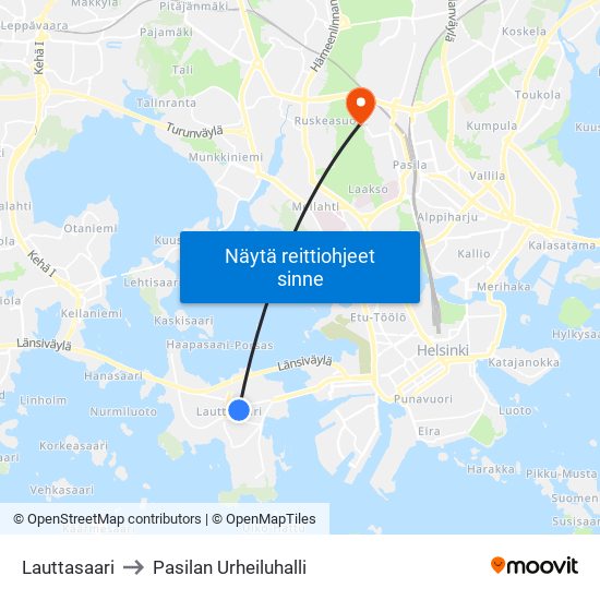 Lauttasaari to Pasilan Urheiluhalli map