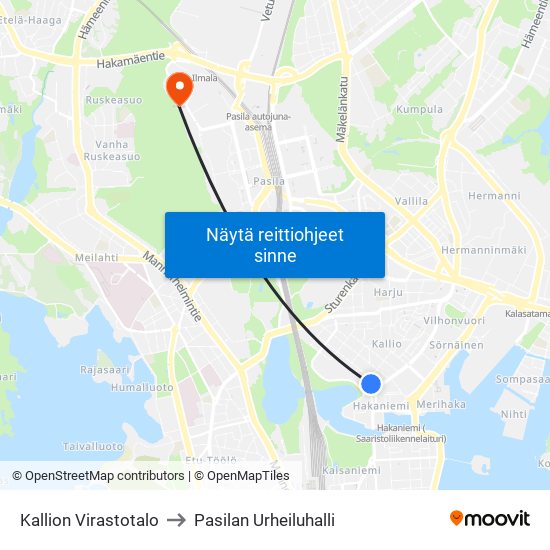 Kallion Virastotalo to Pasilan Urheiluhalli map