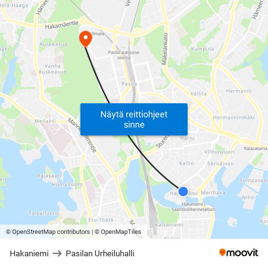 Hakaniemi to Pasilan Urheiluhalli map
