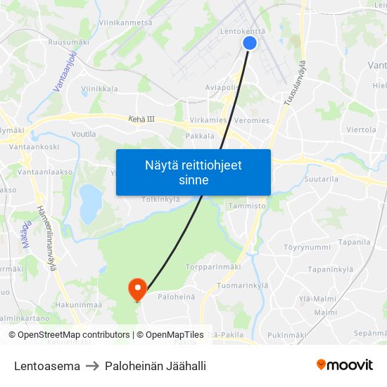 Lentoasema to Paloheinän Jäähalli map