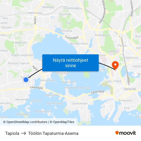 Tapiola to Töölön Tapaturma-Asema map