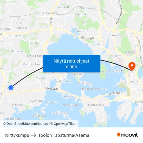 Niittykumpu to Töölön Tapaturma-Asema map