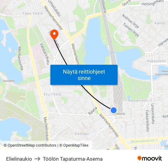 Elielinaukio to Töölön Tapaturma-Asema map