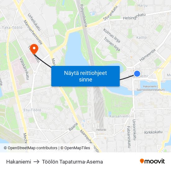 Hakaniemi to Töölön Tapaturma-Asema map