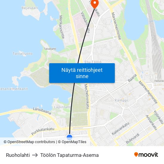 Ruoholahti to Töölön Tapaturma-Asema map