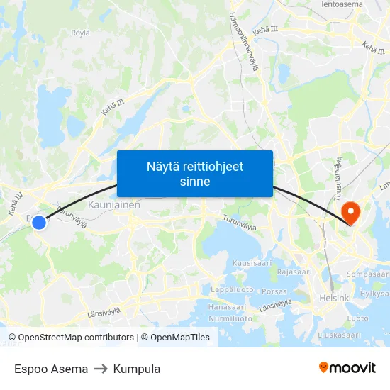 Espoo Asema to Kumpula map