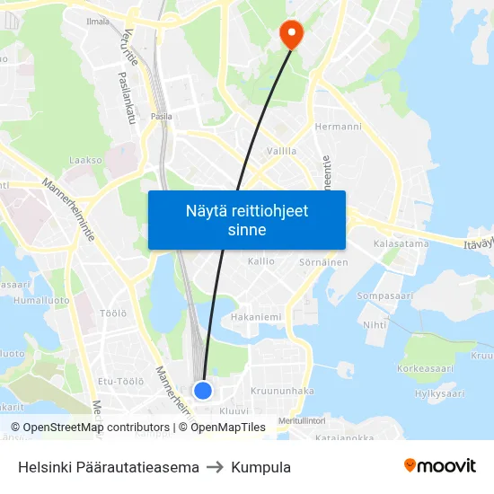 Helsinki Päärautatieasema to Kumpula map