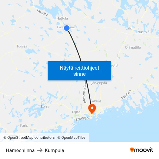Hämeenlinna to Kumpula map