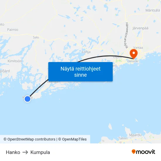 Hanko to Kumpula map