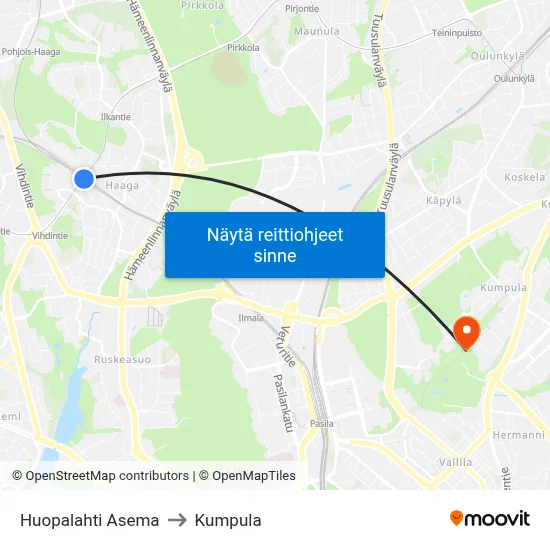 Huopalahti Asema to Kumpula map