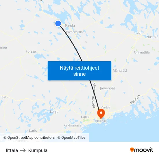 Iittala to Kumpula map