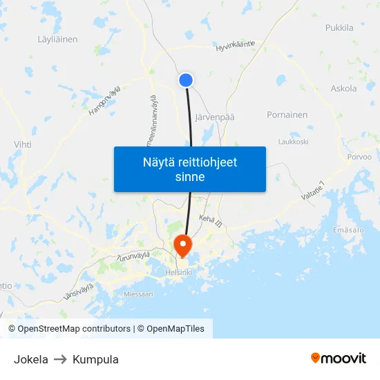 Jokela to Kumpula map