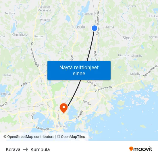 Kerava to Kumpula map