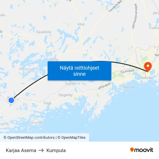 Karjaa Asema to Kumpula map