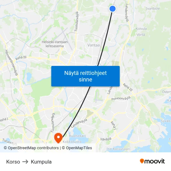 Korso to Kumpula map