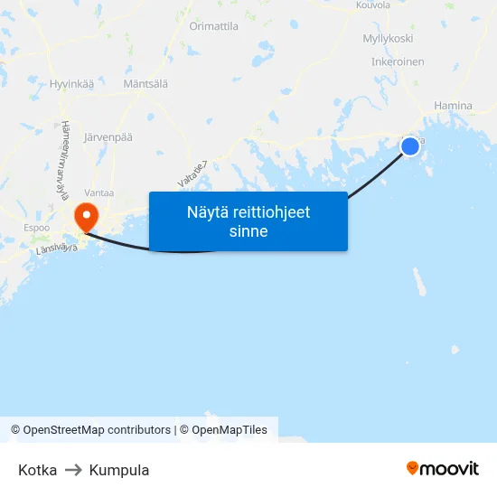 Kotka to Kumpula map