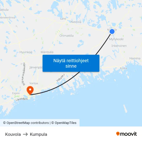 Kouvola to Kumpula map