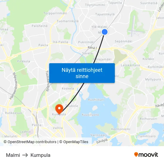 Malmi to Kumpula map